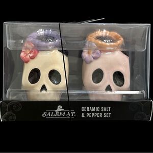 NWT Skull Salt & Pepper Set, Floral Hat Ceramic by Salem St.